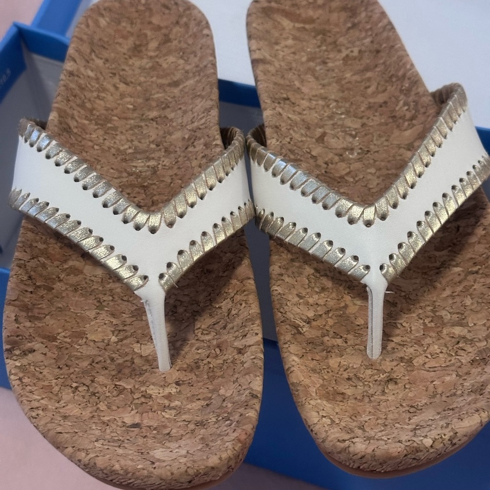 Jack Rogers White and Gold Sandals with Cork Footbed
